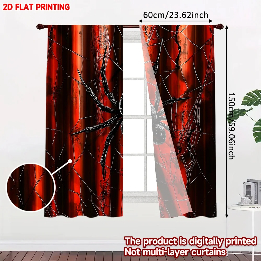 قطعتان من ستائر شبكة العنكبوت بطباعة رقمية مسطحة ثنائية الأبعاد، نسيج العنكبوت الأحمر والأسود الجريء مع نمط العنكبوت القوطي لديكور غرفة موضوع الرعب #2