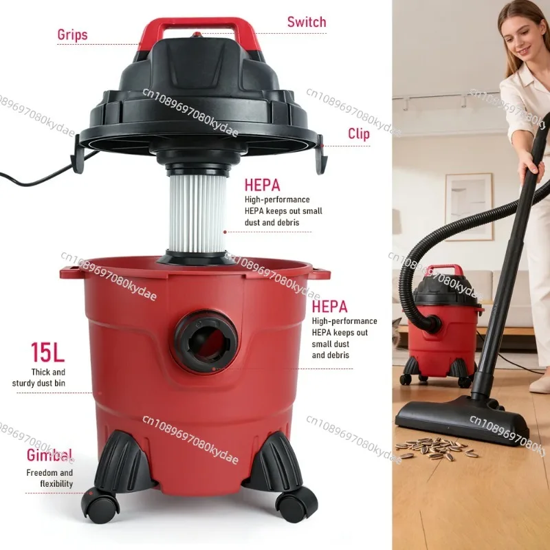 15L Wet Dry Canister Vacuum Powerful Suction 6M Working Radius Portable Cleaner For Garage Home Workshop Use
