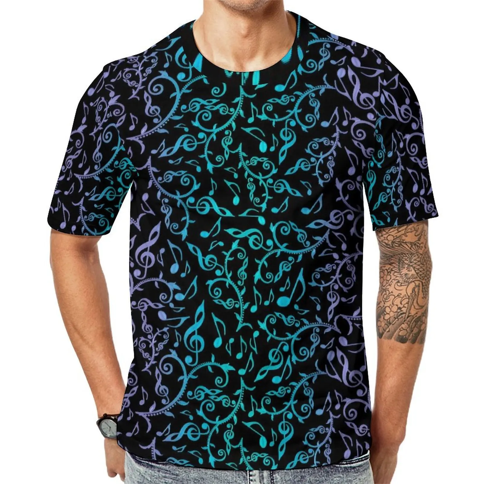 Gradient Music T-Shirt For Male Green Purple Pattern O Neck T-Shirts Beach Trending Clothes Short Sleeve Y2K Fun Oversized Tees