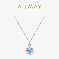 Ailmay Real 925 Sterling Silver Blue Zircon Flower Pendant Necklace For Women Holiday Or Anniversary perfect Gift