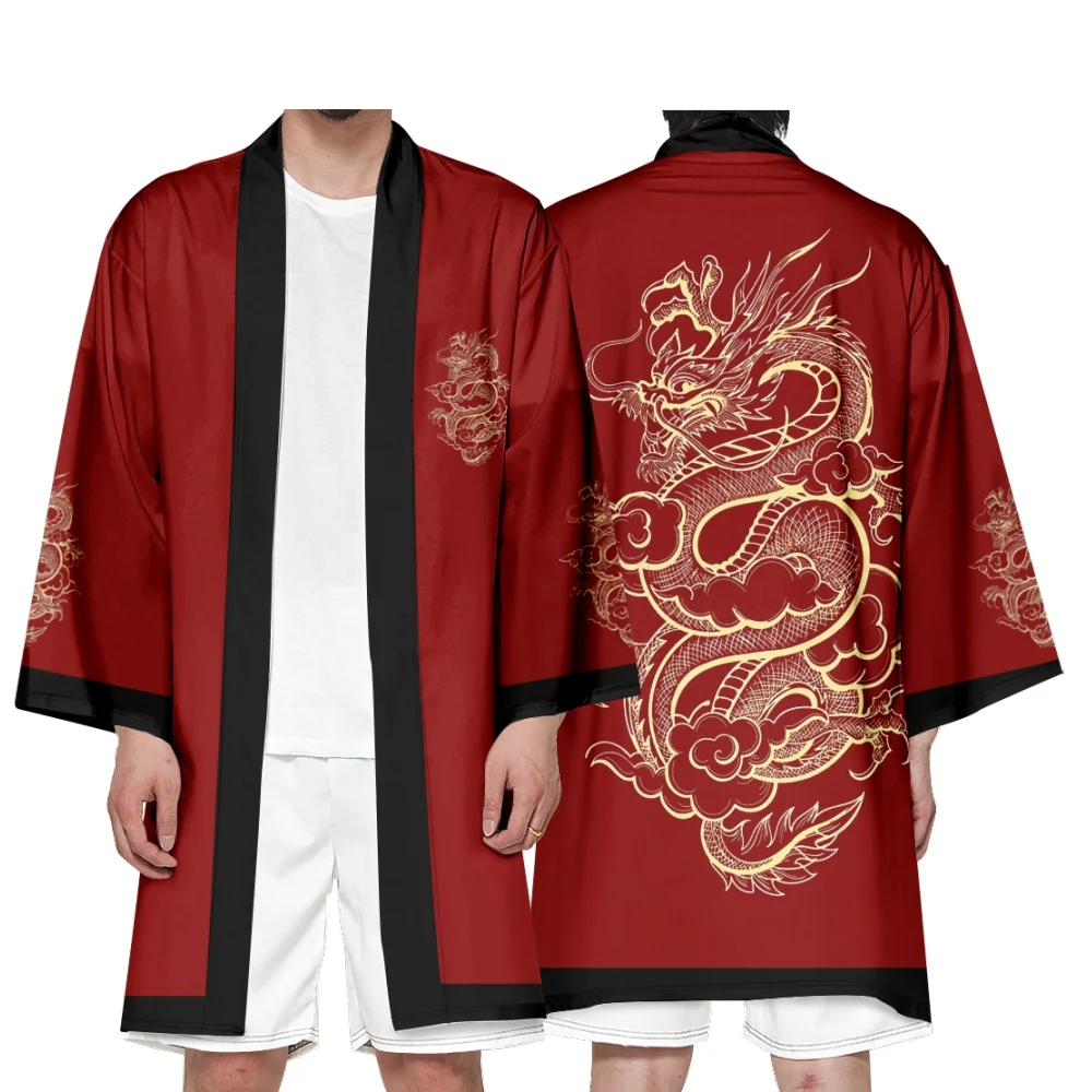 Traditional Samurai Kimono Men Flower Dragon Print Japanese Haori Female Women Cardigan Yukata Shirt Summer Robe