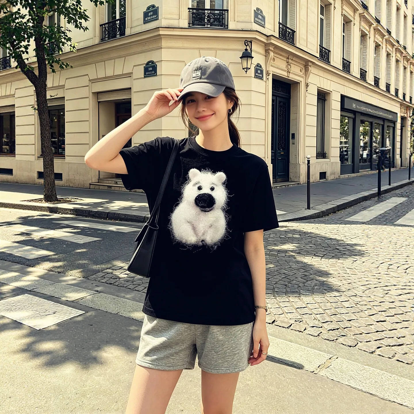 Chunyuyinjia luxury ladies Designer Cute funny Bear 3D Print pattern Short-Sleeve  graphic T-Shirt Black Women couple Tee