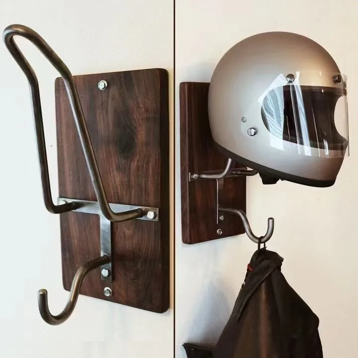 New iron-wood combined helmet rack wall-mounted motorcycle helmet bracket