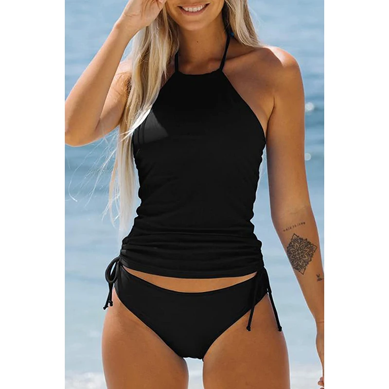 Women\'s Two Piece Suit Bathing Suit Solid Color Drawstring Side Halter Neck Tankini Set Black Bikinis Set Swimwears Beachwear