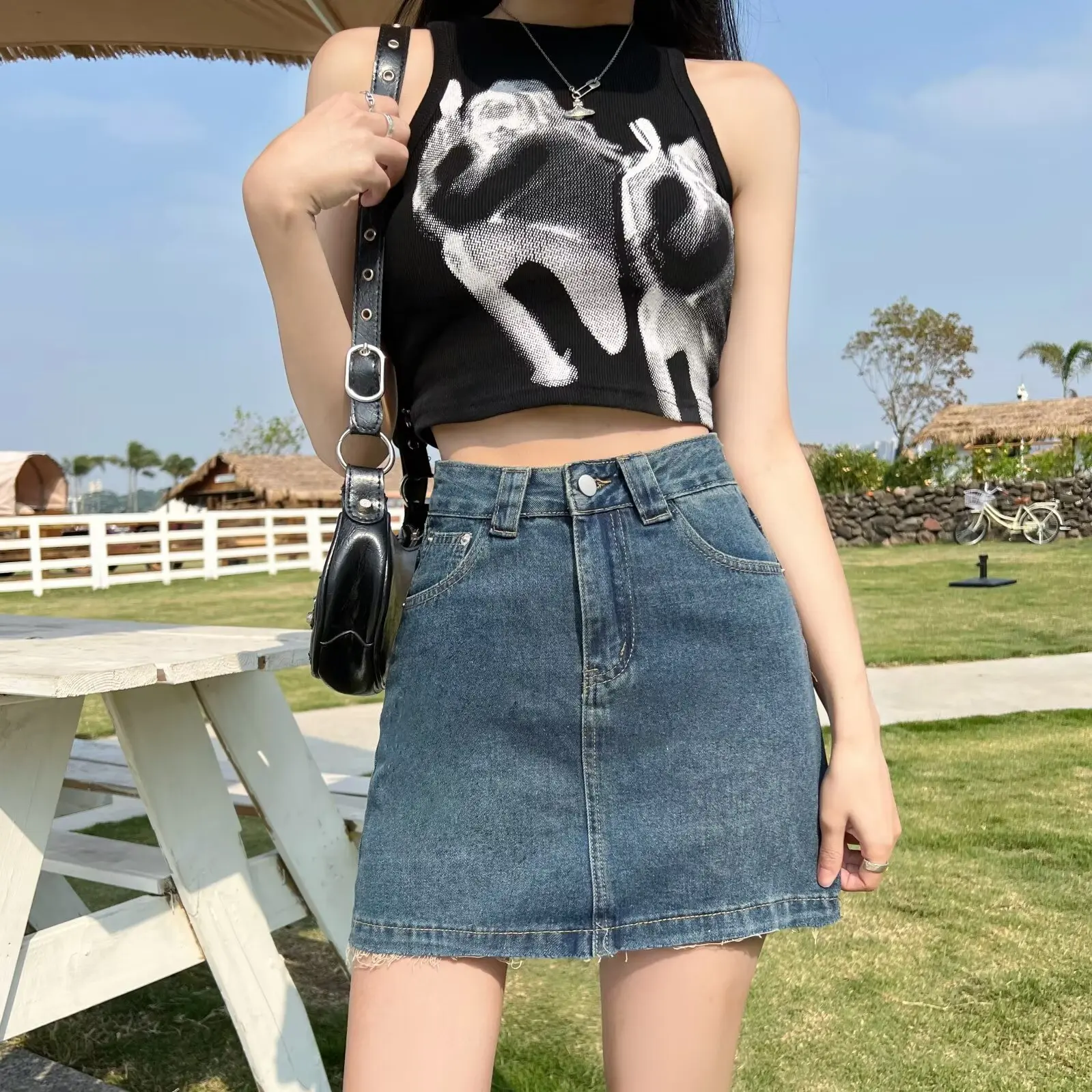 

New style denim short skirt for spring and summer, women with high waist, small stature, versatile A-line skirt