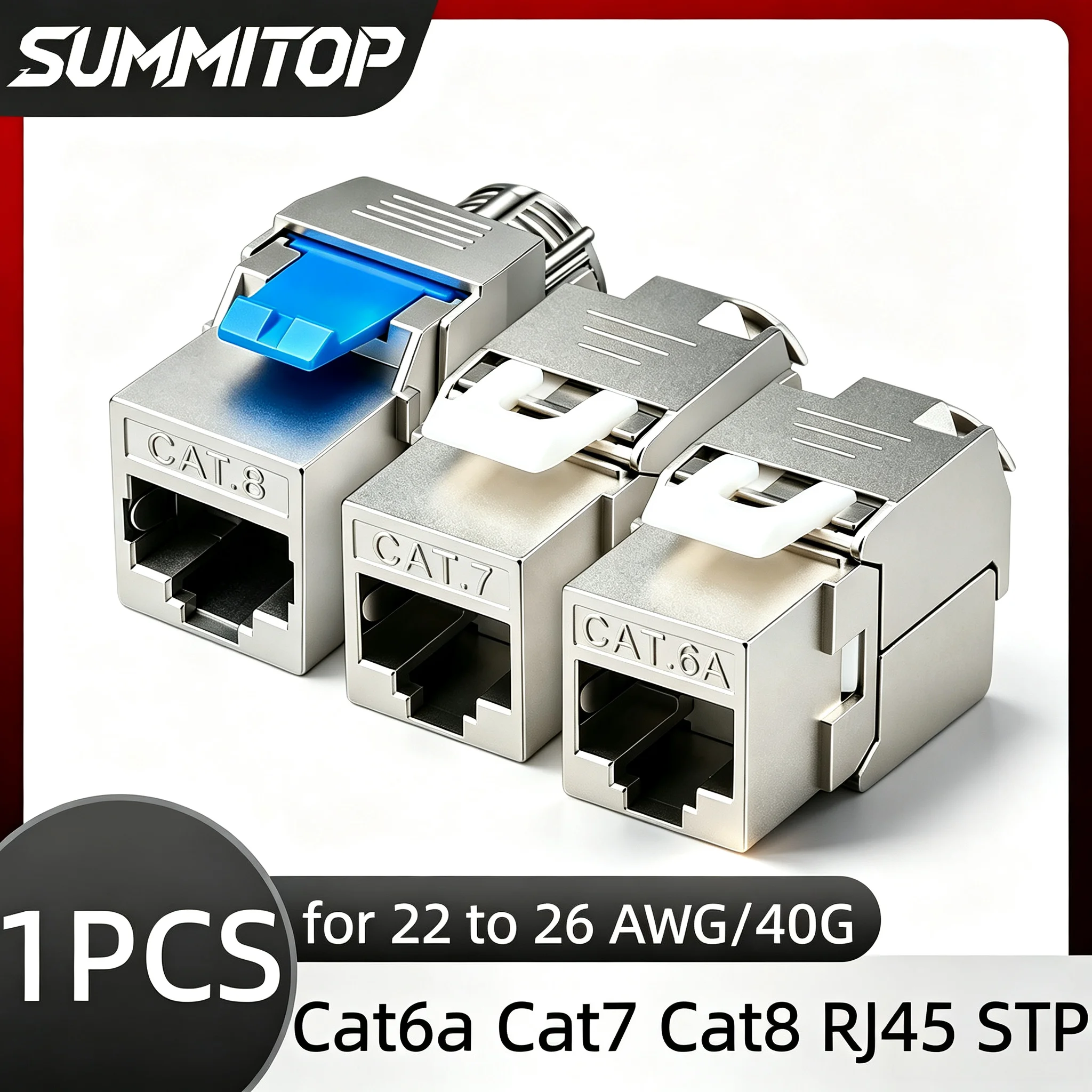 SUMMITOP 1PCS RJ45 Cat6a Cat7 Cat8 Keystone Jack RJ45 STP Tool-Less Type Zinc Alloy Module Shielded Keystone Jack Adapter 40G