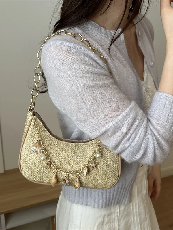 Fashionable  Pearl Straw Woven Underarm Casual Commute Bag Stylish Single Shoulder Bag for Young Women Soft Handbag