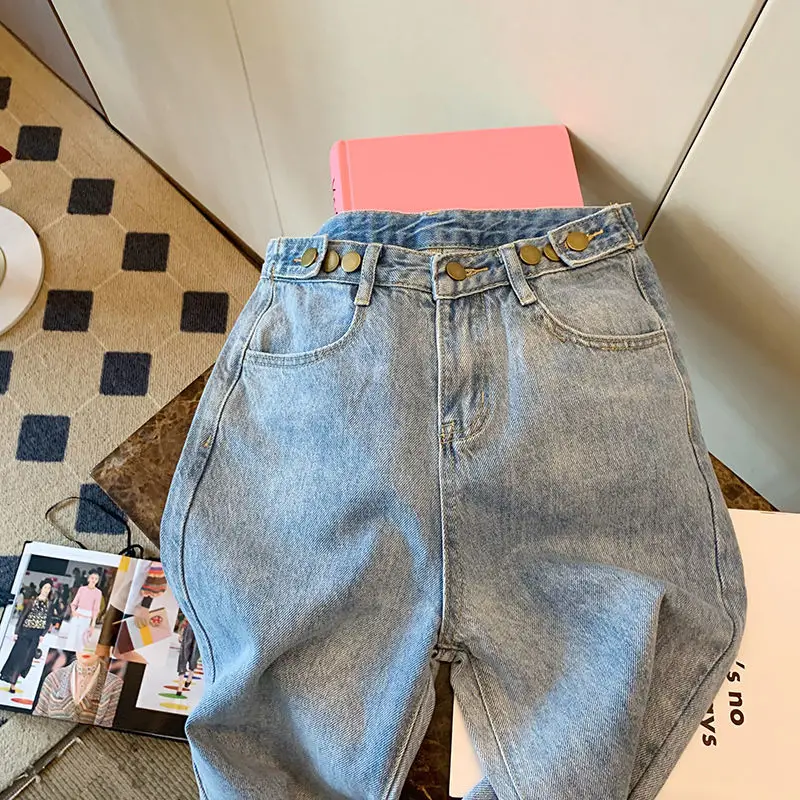 Jeans a gamba dritta stampati di colore chiaro per la nuova versione coreana di nicchia da donna pantaloni larghi e larghi versatili