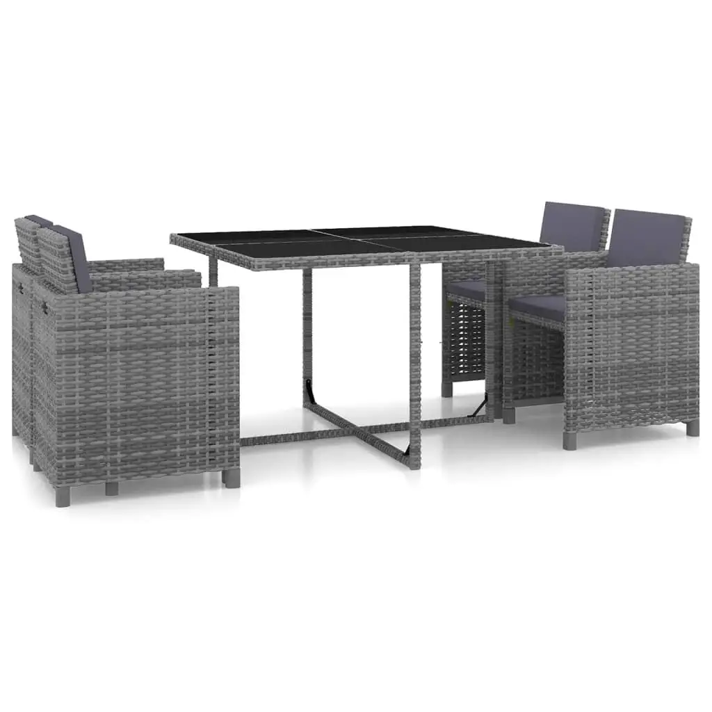 5-Piece Gray Poly Rattan Patio Dining Set with Cushions - Stylish Outdoor Furniture