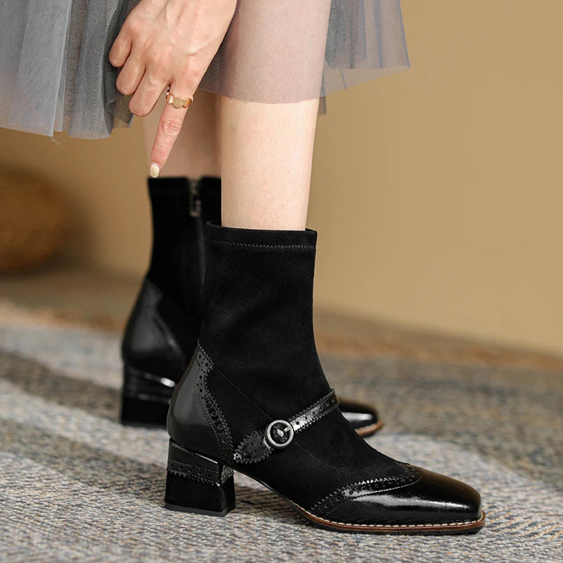 2026 new autumn winter women ankle boots natural leather 22-25cm split leather+flannel+pigskin/plush buckle women short boots