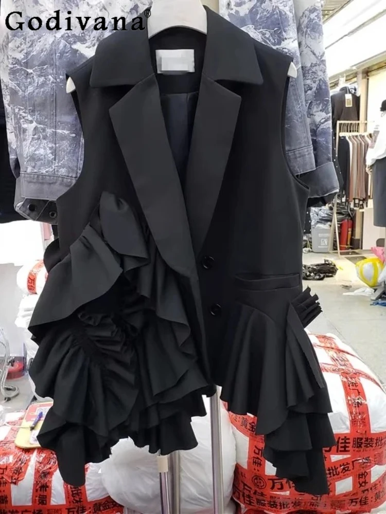 

Spring Autumn Women's Korean Heavy Industry Sweet Ruffles Fashion Loose Blazers Vest Elegant Black Versatile Personality Top