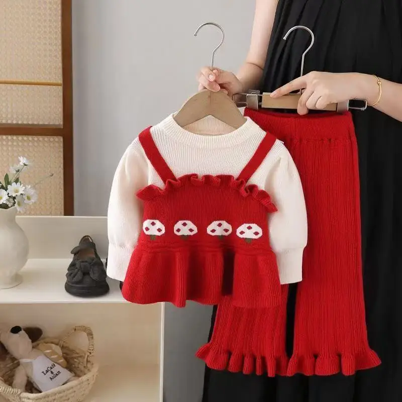 طقم سترة للفتيات بعمر 0-6 سنوات سترة محبوكة جديدة للأطفال 2026 + بنطال محبوك طقم مكون من قطعتين #3