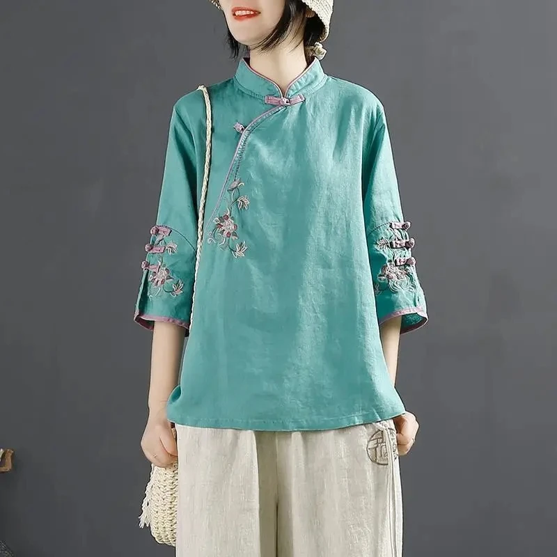 Chinese Style Embroidered Shirt Women Cotton Linen Stand Collar Three Quarter Sleeve Clothing Vintage Casual Shirts Tops A866