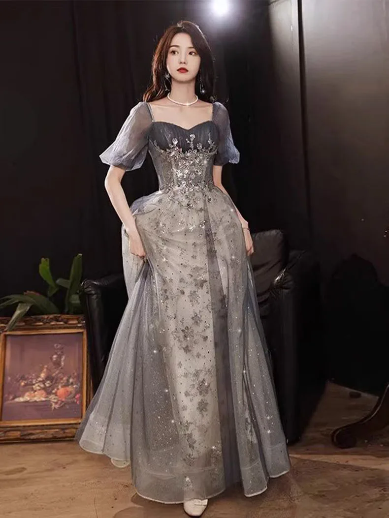 Grey Evening Dress 2023 New Women\'s Square Collar Spliced Tulle Floor Length A-Line Cocktail Party Dress Lace up Prom Gown