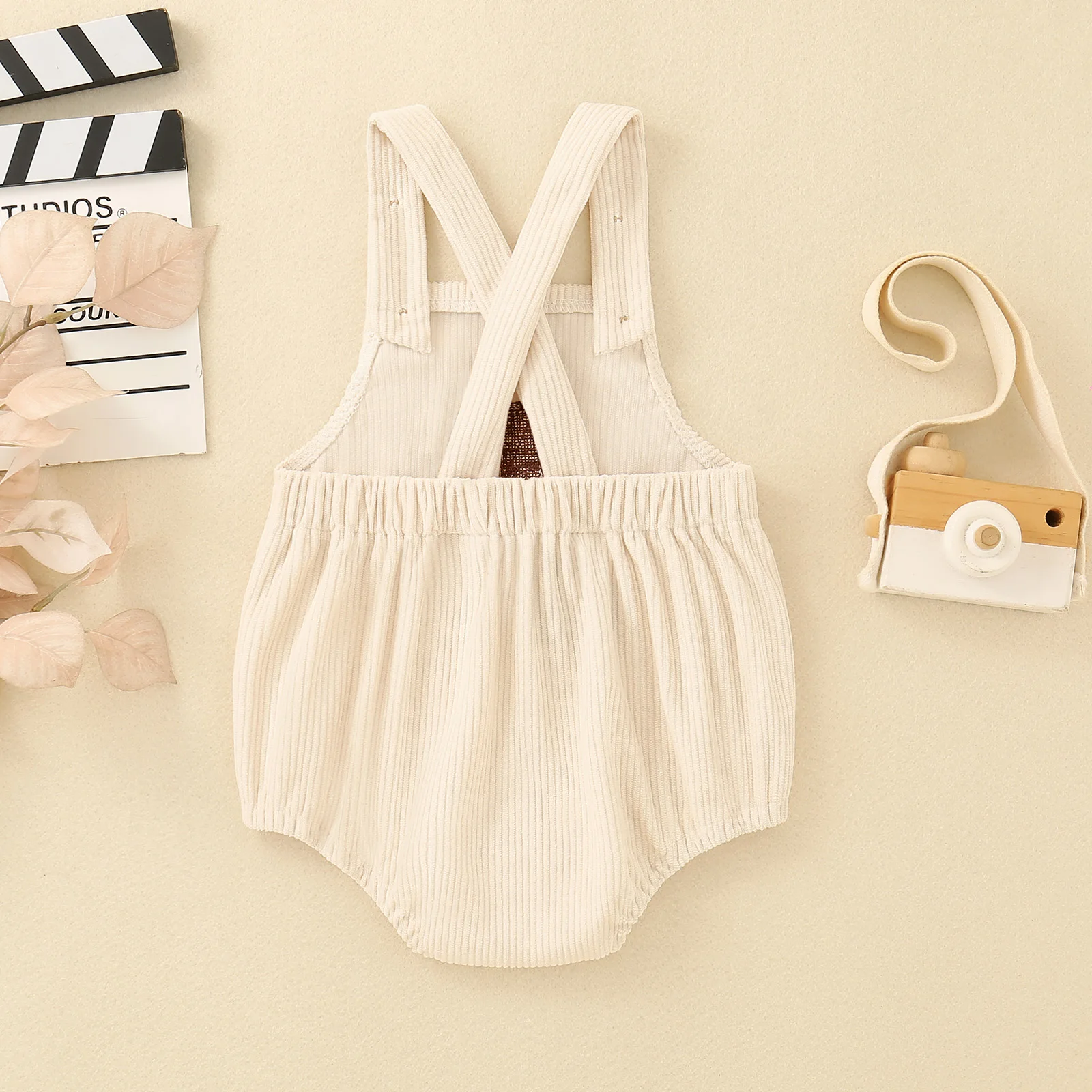 Neutral Baby Beige Corduroy Cross Back Romper ONE Embroidery 1st Birthday Photo Bodysuit