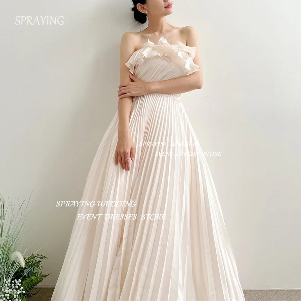 SPRAYING-vestido de novia sencillo de tafetán de marfil, sesión de fotos de Corea, vestidos de novia largos arrugados sin tirantes, corsé personalizado Dende
