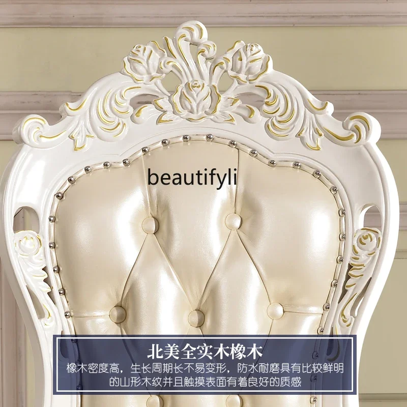 B03 American restaurant solid wood carving flower leather dining chair leather casual white dressing chair