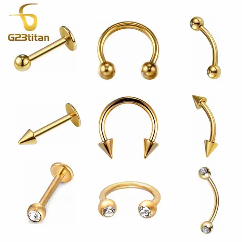 골드 컬러 바디 쥬얼리 6-12mm 16G 저자 극성 티타늄 피어싱 곡선 바벨 말굽 Labret 스터드 링 귀 코 립