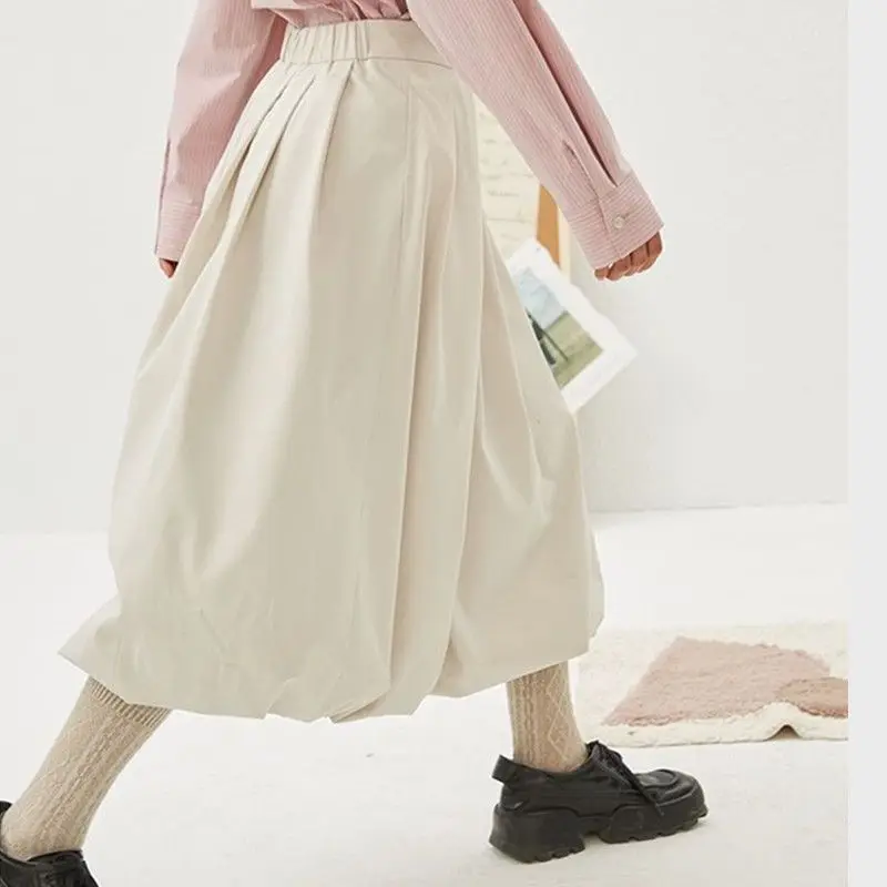 

2024 New Solid Color Academy Style Half Skirt Women's Summer Retro Loose Elastic Waist A-line Pleated Skirts Female Clothing