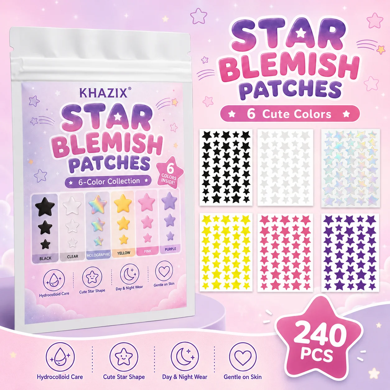 240PCS   Star Pimple Patches For Face Hydrocolloid, Absorbing Cover, Tea Tree, Hydrocolloid Acne Patch, Cute Star Pimple