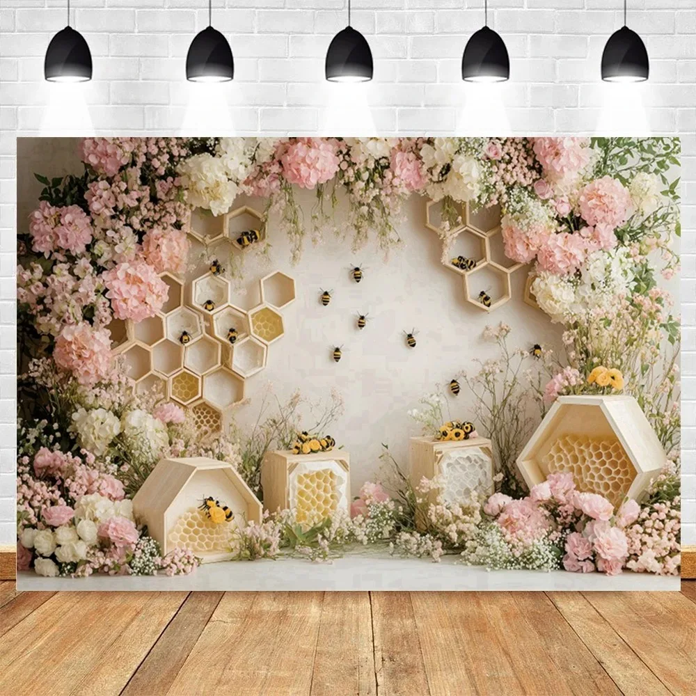 

Flower Honeycomb Bee Theme Children's Birthday Photography Background, Children's Party Decoration Photography Studio Background