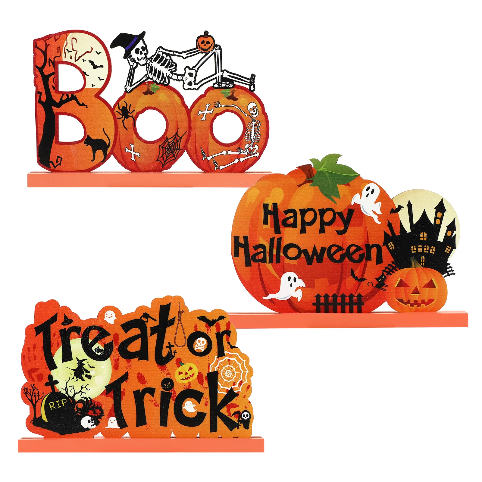 hemoton 3pcs Happy Halloween Table Centerpiece Pumpkin Treat or Trick Sign Wooden Table Decorations for Home Office Hallowee