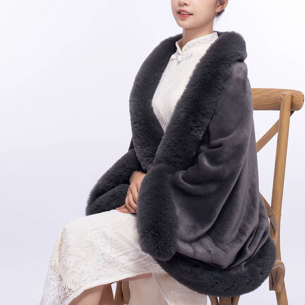 Winter Poncho Coat Elegant V Lapel Faux Rex Rabbit Fur Jackets Cape Women Big Loose Shawl Fur Knit Cloak Overcoat Ladies Wraps