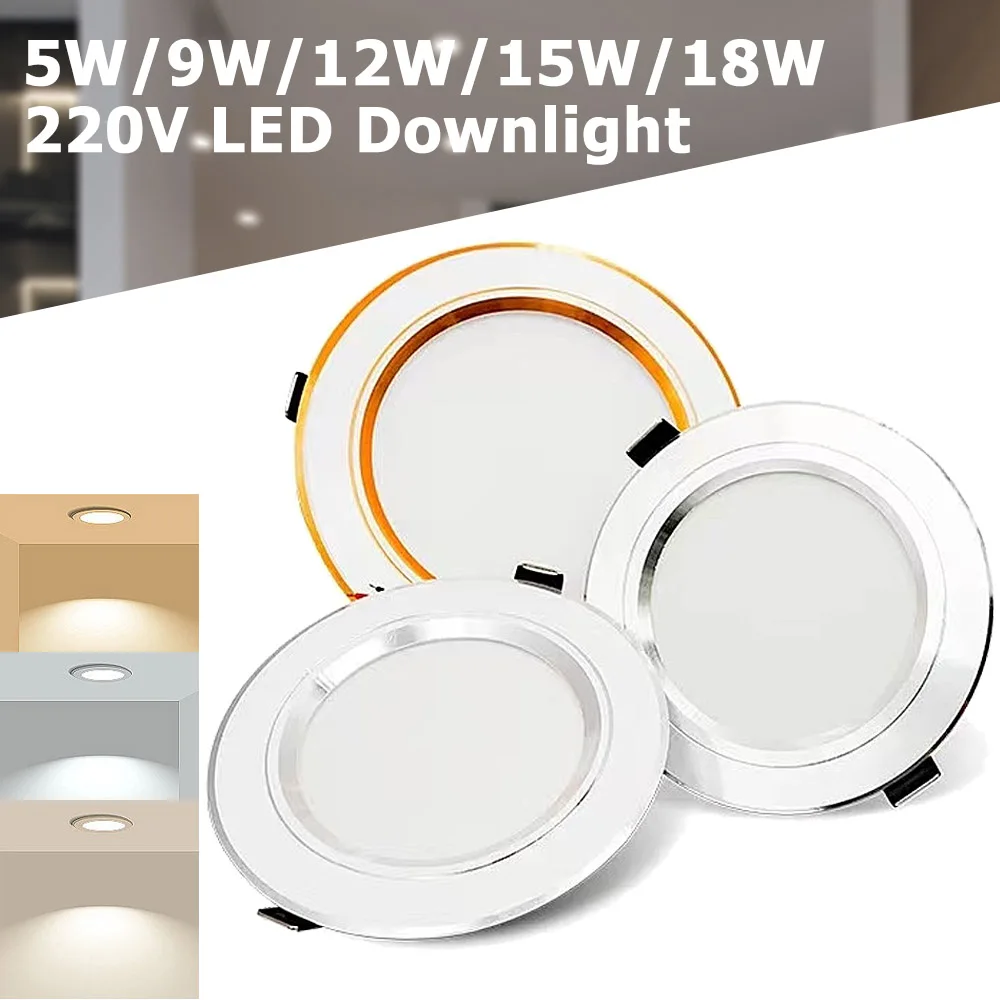 5  /9/12/15/18W wpuszczany LED typu Downlight 220V lampa sufitowa chłodna/ciepła biała okrągła lampa panelowa złota/srebrna/biała powłoka reflektor