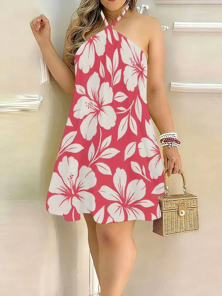 

Womens Halter Backless Dress Pink White Hibiscus Floral Print Casual Loose Vacation Dress