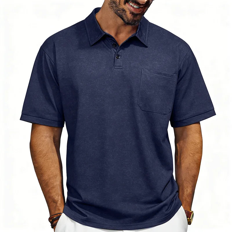 Men Summer Washed Texture Short Sleeve Polo Shirt Chest Pocket Loose Soft Versatile Daily Business Casual Golf Tees