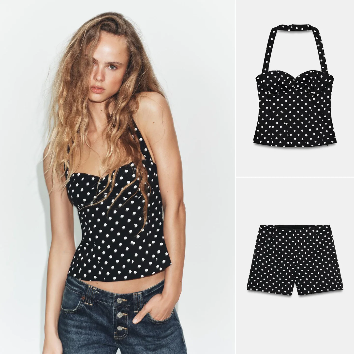 

High Waist Zipper Casual Shorts Heart Neck Design Hanging Neck Gown Pleated Decoration Two Piece Set Spring Fashion Women's O...