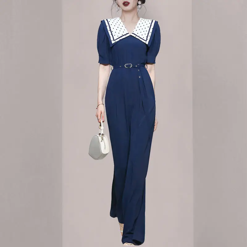 Intellectual OL Temperament High Waist Sagging Wide Leg Pants Jumpsuit 2023 Spring Women Short Sleeve Doll Neck Jumpsuit Female