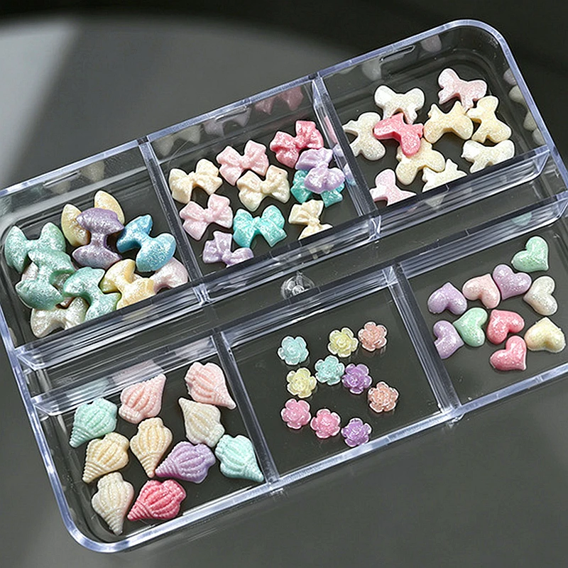 60PCS/Box Pearlescent 3D Acrylic Bow Conch Heart Nail Charms Cute Multi-Shape Nail Art Accessories Manicure Decoration Supplies
