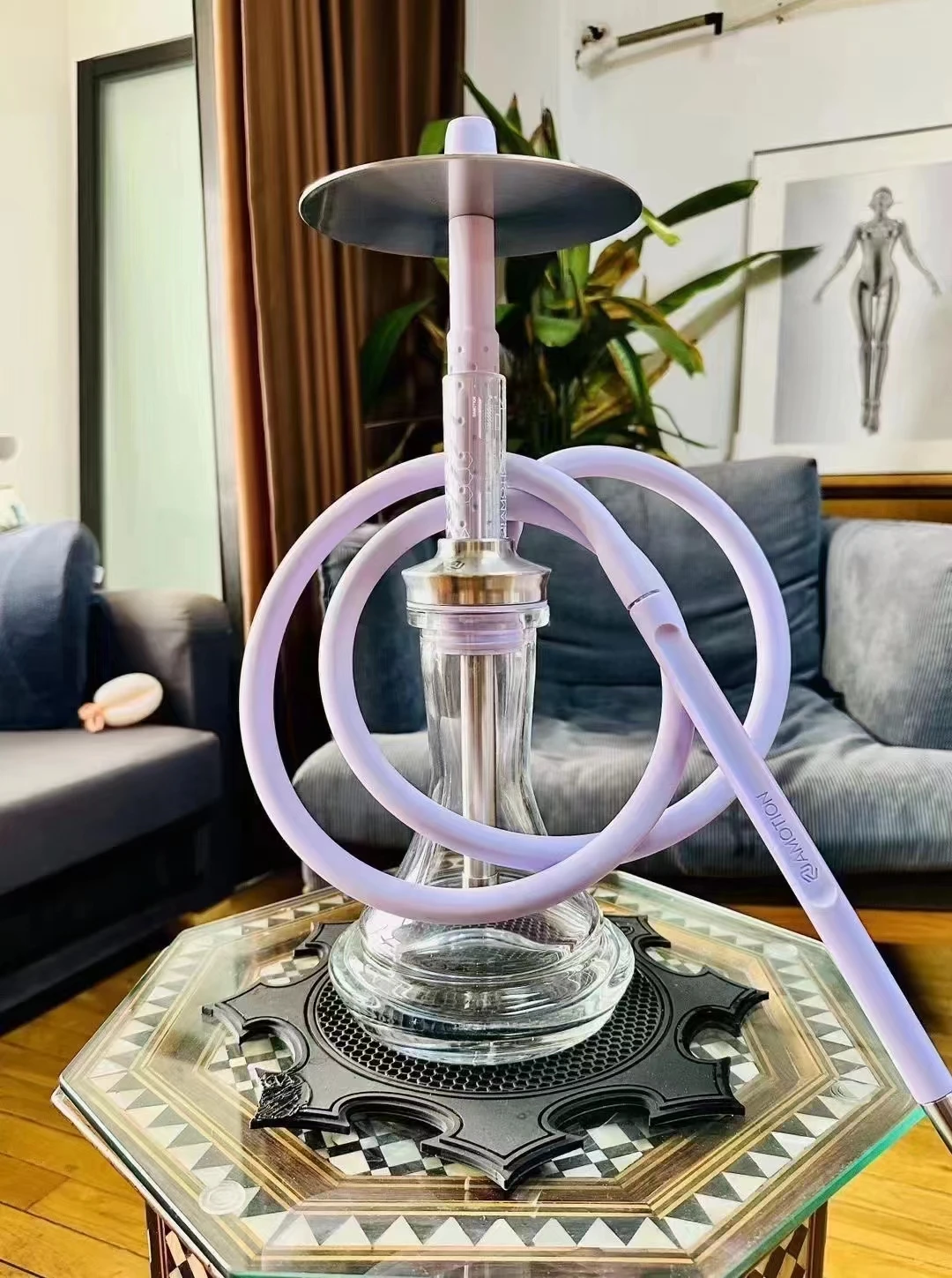 AMOTION FUTR Hookah Shisha Set 304 Stainless Steel with Silicone Pipe Glass Base