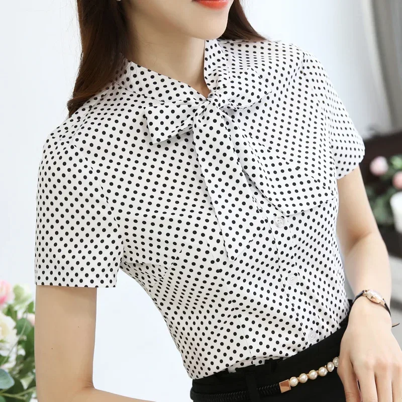 New Fashion Summer Office Lady Shirt Women 2024 Short Sleeve Bow Neck Women\'s Clothing Wave Point Woman Tops Blusas 893F