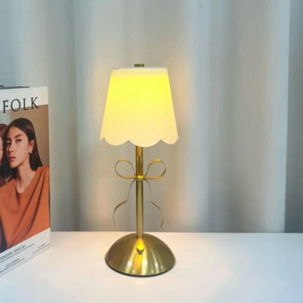 Cute Bow Table Lamp, Scalloped Fabric Shade Gold Metal Rechargeable, for Bedroom Bedside Dining Room Romantic Gift Decor