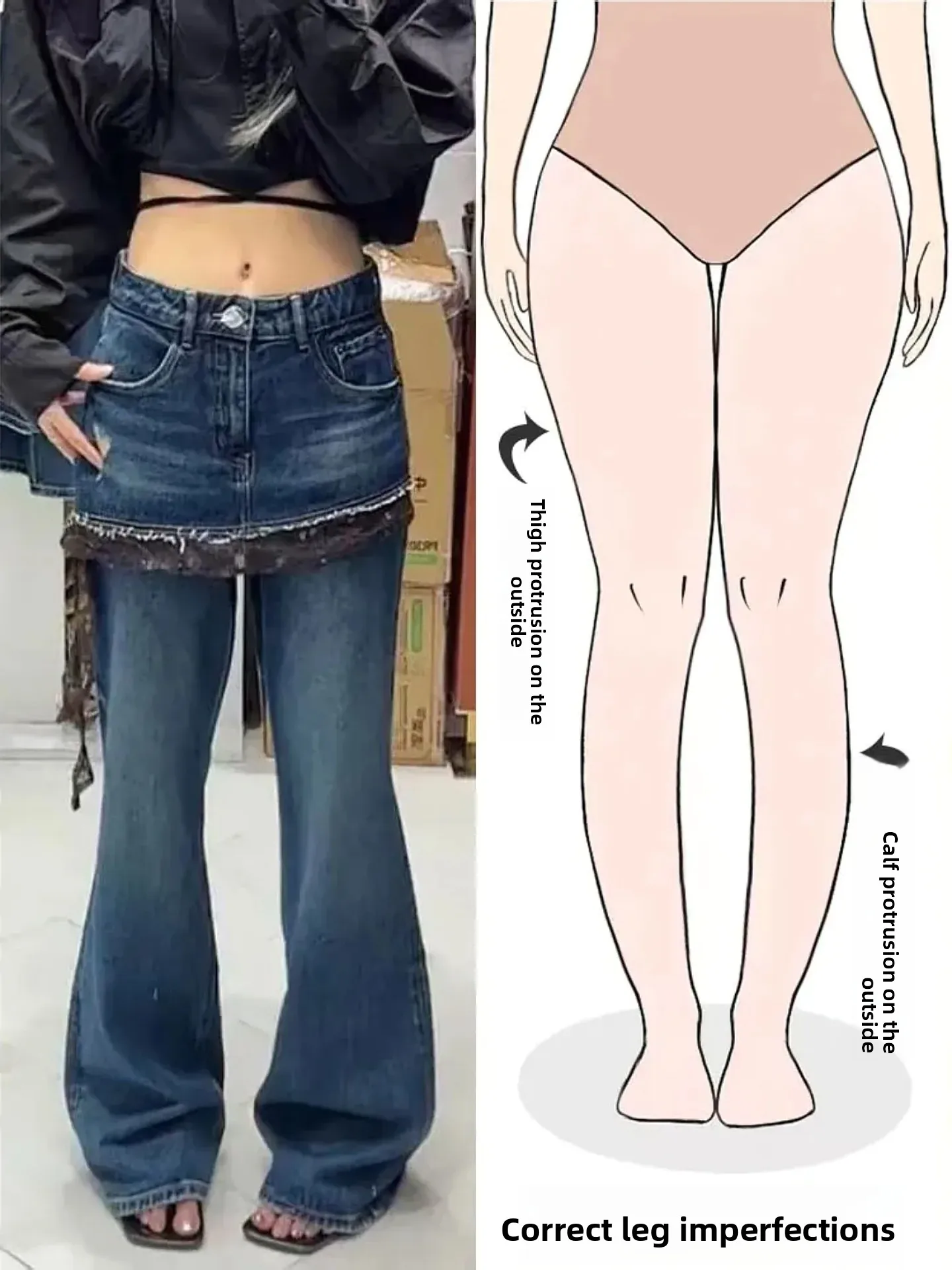 

Джинсы-клеш в американском ретро-стиле с кружевными вставками, женские, с высокой талией, утягивающие, из денима, осенняя новинка, для фигуры типа «груша»