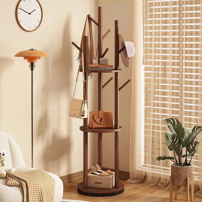 ‌Solid Wood Floor Coat Rack, 360° Rotating Garment Stand, Multi-Zone Hanging Organizer, Silent Tray Heavy-Duty Storage