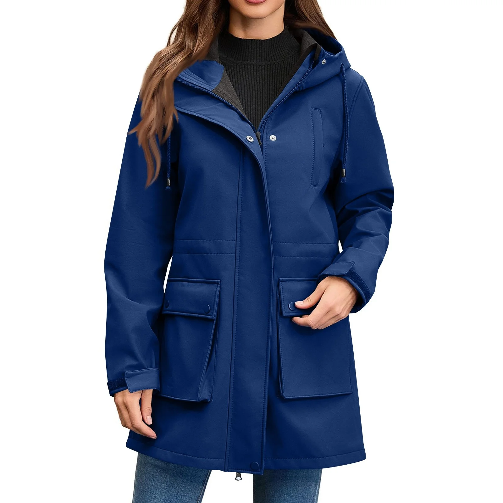 Women Casual Solid Zipper Coat Streetwear Long Sleeve Hooded Pocket Loose Windbreak Women's Zip Up Drawstring Rain Jacket Tops ﻿ view 4