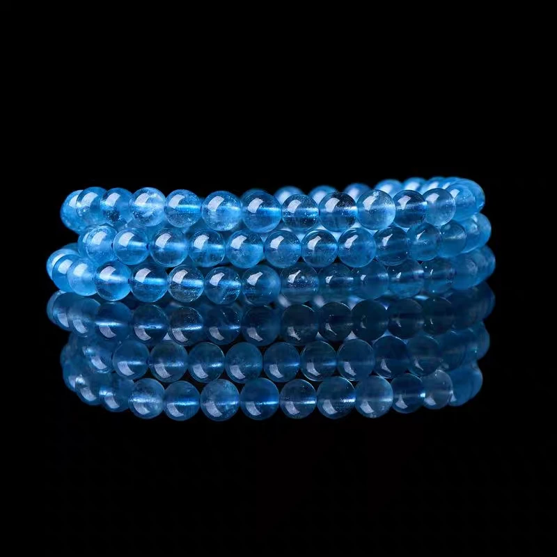 Natural Blue Aquamarine 3 Laps Round Beads Bracelet Women Men 6mm Aquamarine Necklace Fashion Crystal Jewelry AAAAA