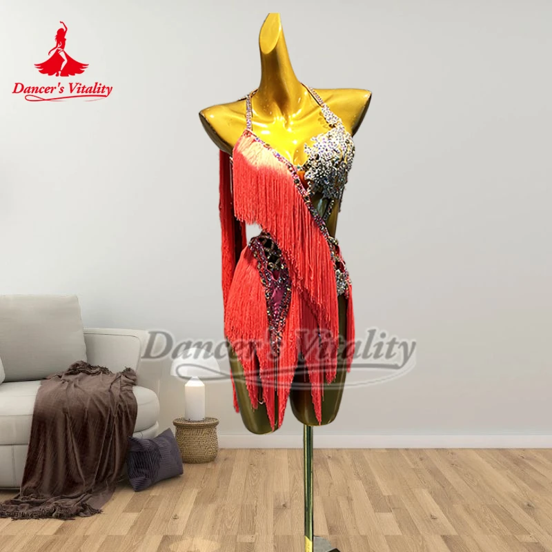 Robes à franges Chacha Samba Perform & Contest orange-rouge pour filles, vêtements de danseuse professionnelle latine pour adultes, vitalité, personnalisés