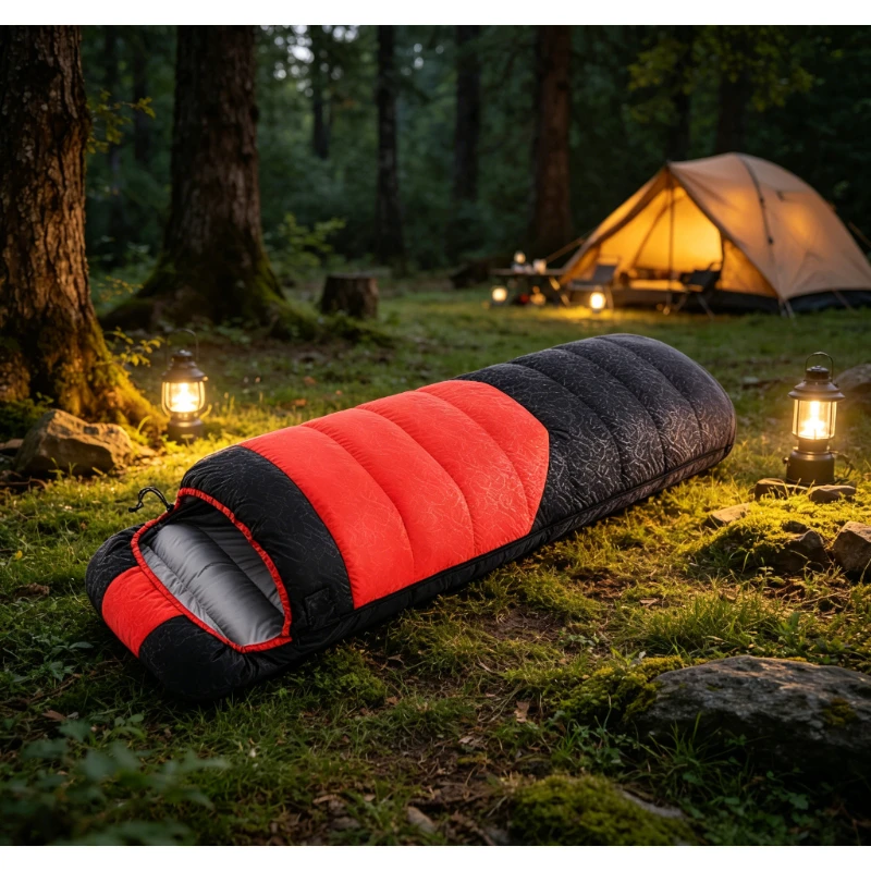 Sac de couchage en duvet rouge et bleu pour le camping en plein air, duvet de canard chaud, possibilité de se ligaturer, température de -5 à -30 °   Super chaud
