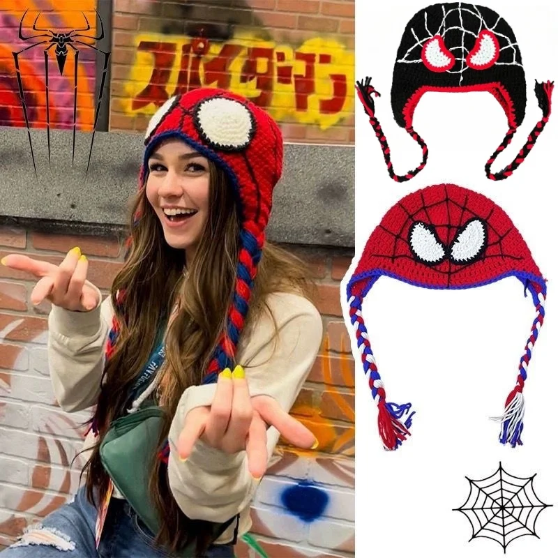 Anime Spider Man Knitted Hat Cartoon Kawaii Funny Cosplay Cap Ear Protection Warm Wool Tassel Y2K  KnittedHat Children Gifts ﻿ ﻿