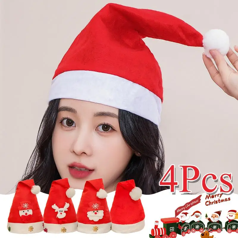 1/4Pcs Santa Claus Hat Merry Christmas Non-woven Santa Claus Hats for Adults Kids Red Xmas Caps Party Supplies