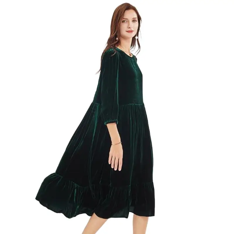 

Spring Women Vintage Ruffle velour Dress 2024 Autunm Three Quarter Sleeve Casual Elegant velvet party dress Vestidos robe femme