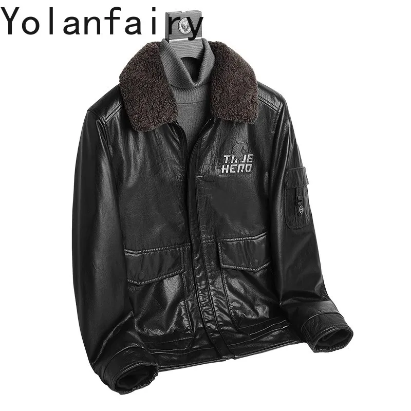 

YOLANFAIRY Top Layer Cowhide Leather Down Jacket Men Winter White Duck Down Coat Wool Collar Short Warm Jackets and Coats Man