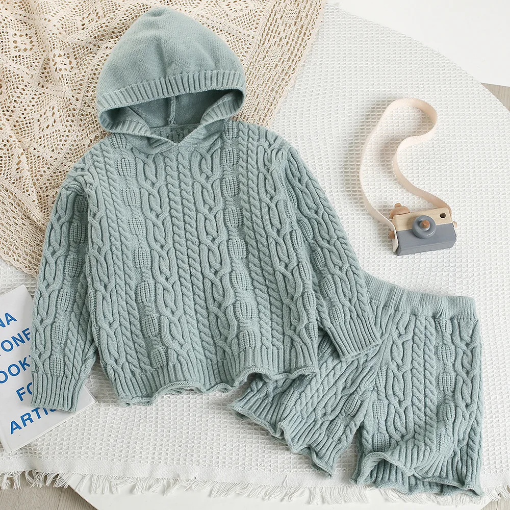 5518 Girls' Sweater Set 2026 Autumn New Korean Children Knitted Sweater Suit Hooded Sweater Jacket +Shorts Two Piece Suit