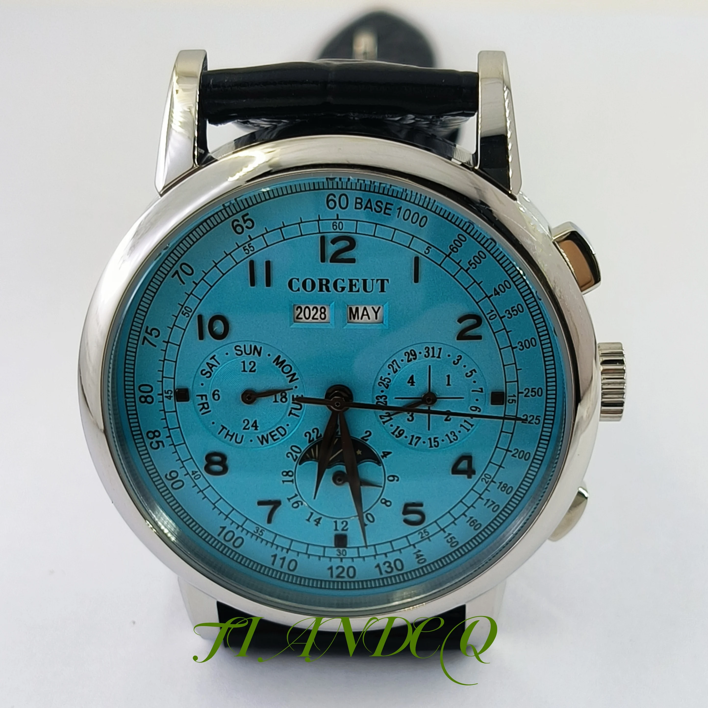 42MM Men's Watch Seagull ST1655 Auto Movement Year Date Multifunctional Indicator Sun and Moon Leather Band Polished Silver