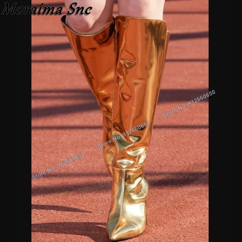 

Moraima Snc Solid Gold Patent Leather Boots Slip on Shoes for Women Pointed Toe Knee High Boots High Heels Zapatillas Mujer