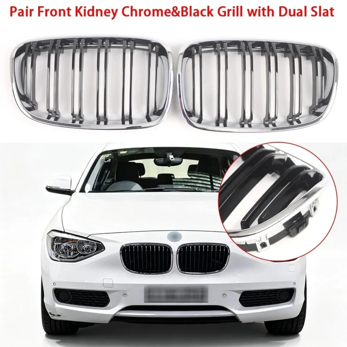 2x Gloss Black Dual‑Line Front Grille With Chrome Trim Frame Grille For BMW F20 F21 Pre-LCI 2011 - 2014 51137239022 51137239021